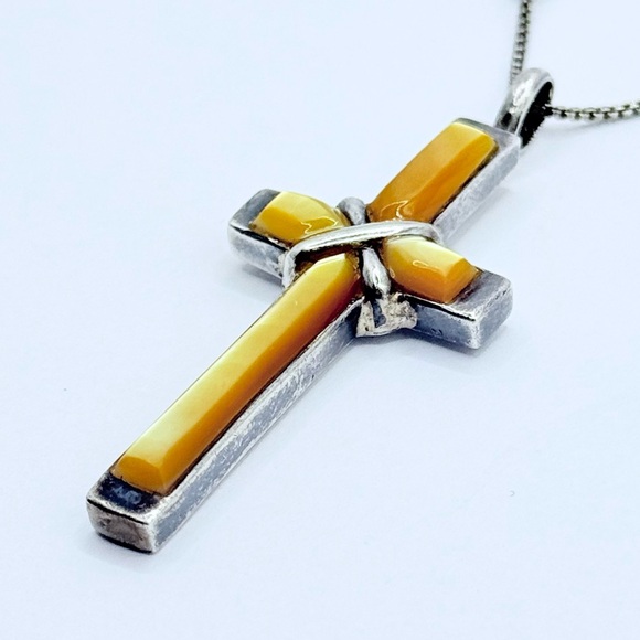 Vintage Yellow MOP Sterling Silver Pendant - Native American 2" Cross Necklace - Picture 1 of 10